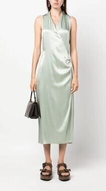 Vince Satin-Finish V-Neck Wrap Dress Sage Green Medium Midi Chic Silky